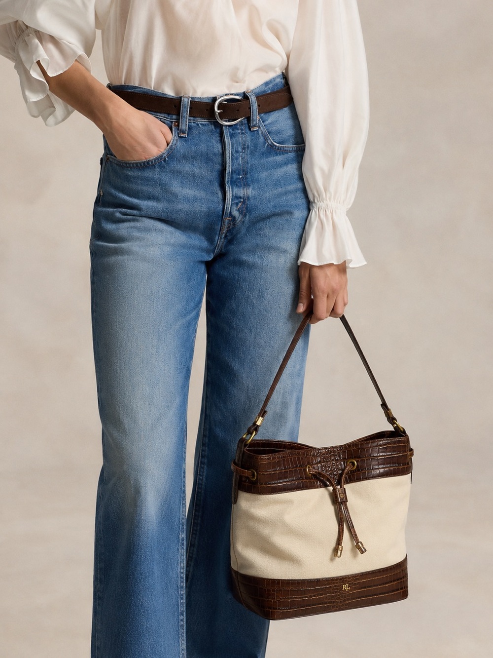 Ralph Lauren Cream Canvas Croc Embossed Leather Shoulder Bag